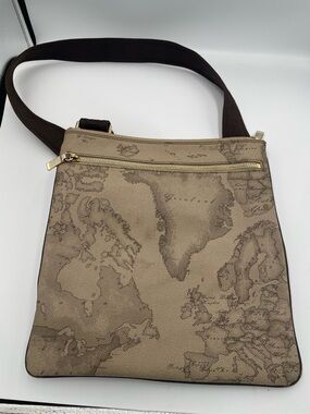 Alviero Martini Leather Map Crossbody Shoulder Bag